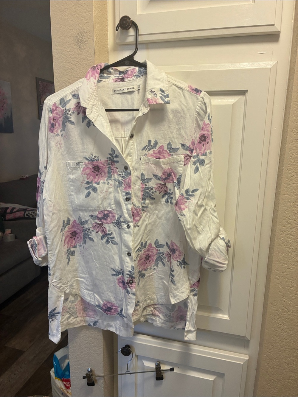 Standard Grace White Button down Shirt w/ floral print and roll tab sleeves